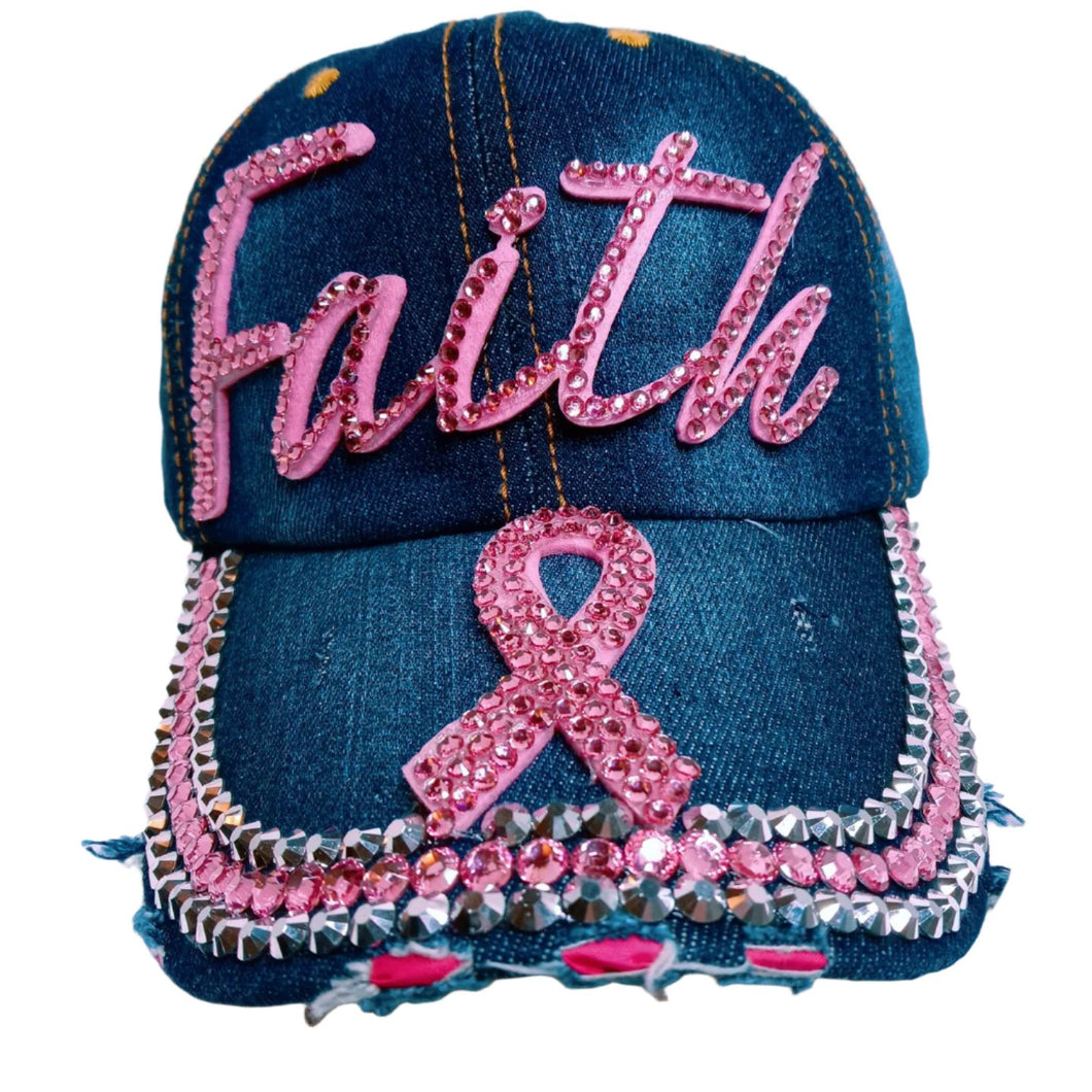 Blue Denim Hat Faith and Pink Ribbon - Seller Special