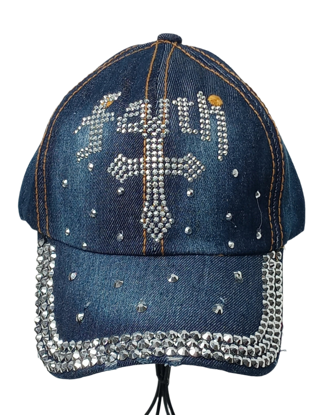 Blue Denim Hat Faith Silver Stones Cross - Live #50