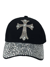 Load image into Gallery viewer, Black Hat with Cross Design and Clear Rhinestones on Bill

