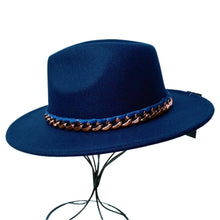 Load image into Gallery viewer, Navy Wool Felt Wide Brim Hat Featuring Rose Gold Chain Link Band

