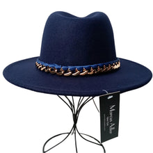 Load image into Gallery viewer, Navy Wool Felt Wide Brim Hat Featuring Rose Gold Chain Link Band
